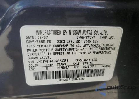 2007 Infiniti G35 from USA, damaged, VIN JNKBV61F17M823358